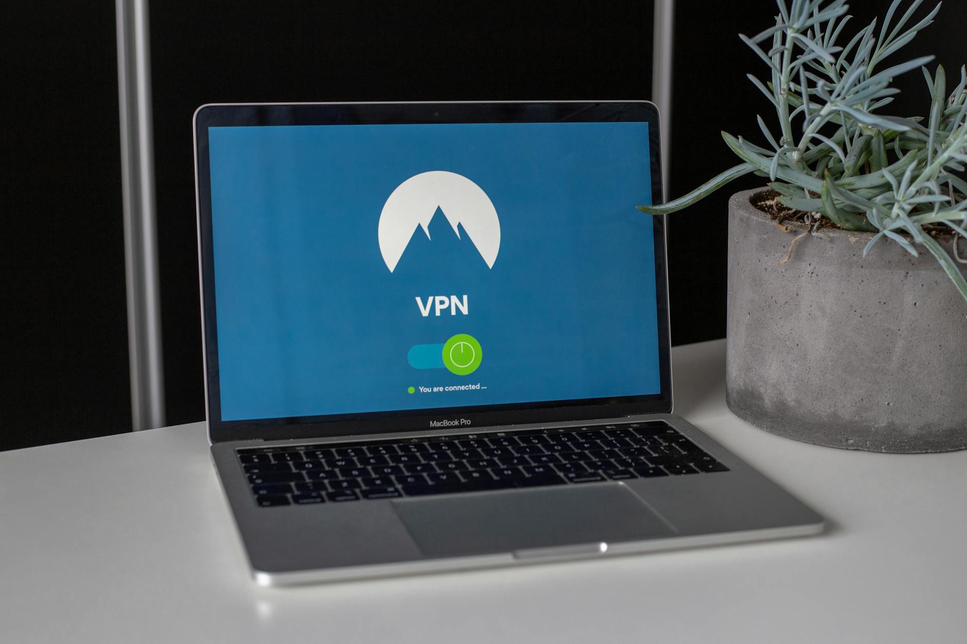 Laptop z ekranem VPN i sukulentem na biurku, symbol bezpiecznego internetu